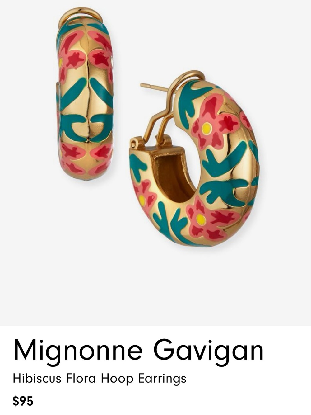 Mignonne Gavigan Gold Hoop Earrings with Pink & Teal Floral Enamel